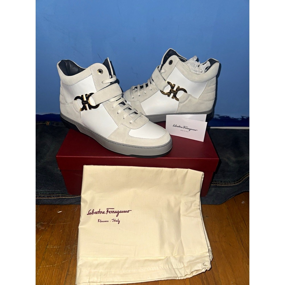 Salvatore Ferragamo Nayon Men's High Top Sneakers White Leather EE 0620164 Sz 10